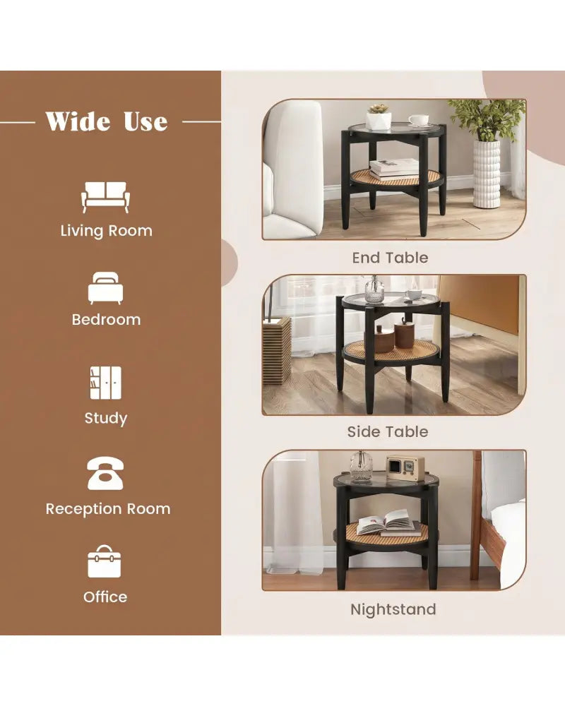 Rattan Round Side End Table with Tempered Glass Tabletop-Black - Black - End & Side Tables