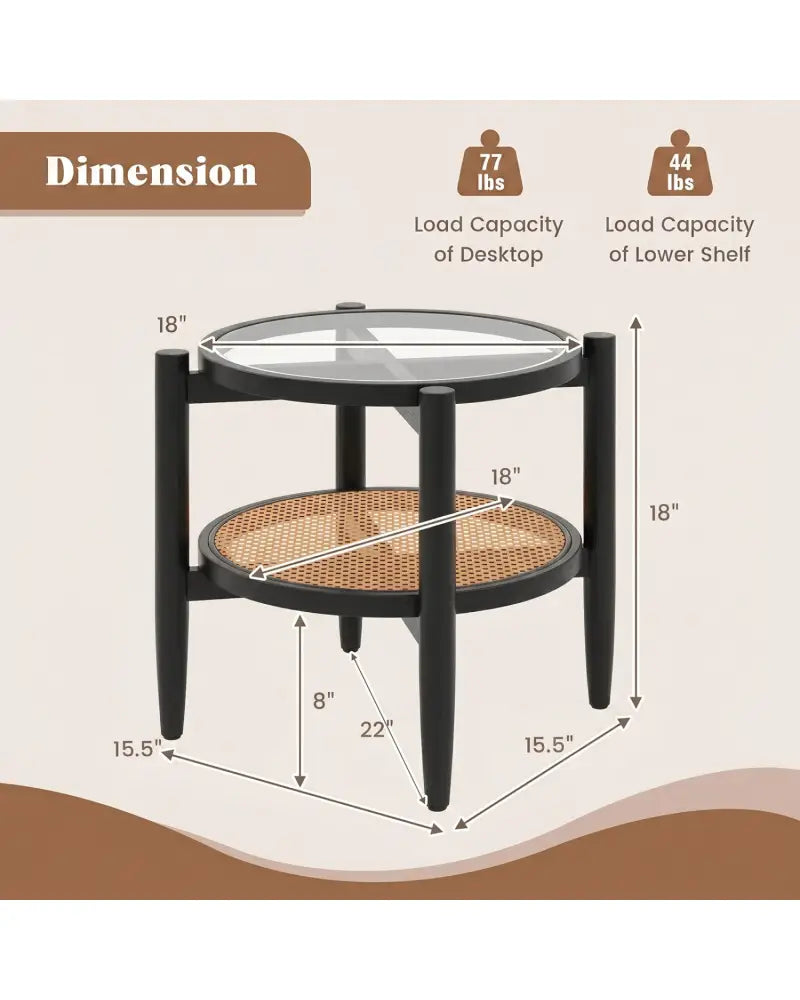 Rattan Round Side End Table with Tempered Glass Tabletop-Black - Black - End & Side Tables