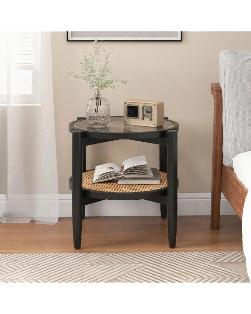 Rattan Round Side End Table with Tempered Glass Tabletop-Black - Black - End & Side Tables