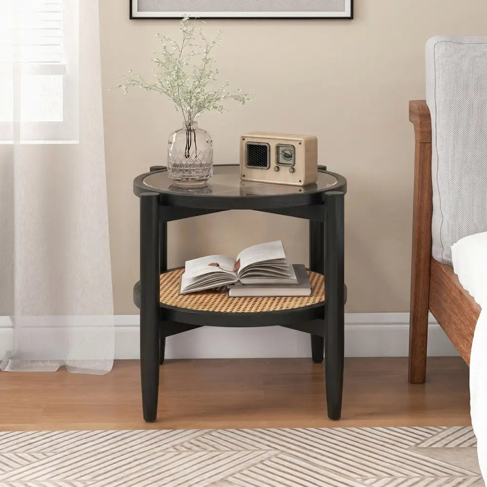 Rattan Round Side End Table with Tempered Glass Tabletop-Black - Black - End & Side Tables