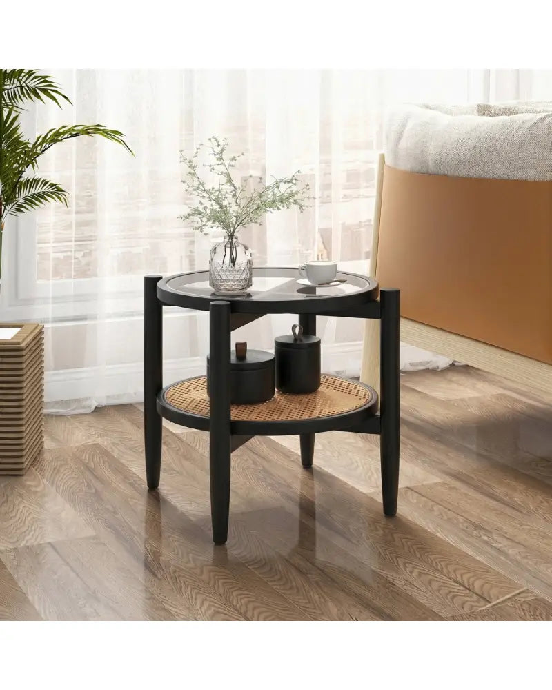 Rattan Round Side End Table with Tempered Glass Tabletop-Black - Black - End & Side Tables