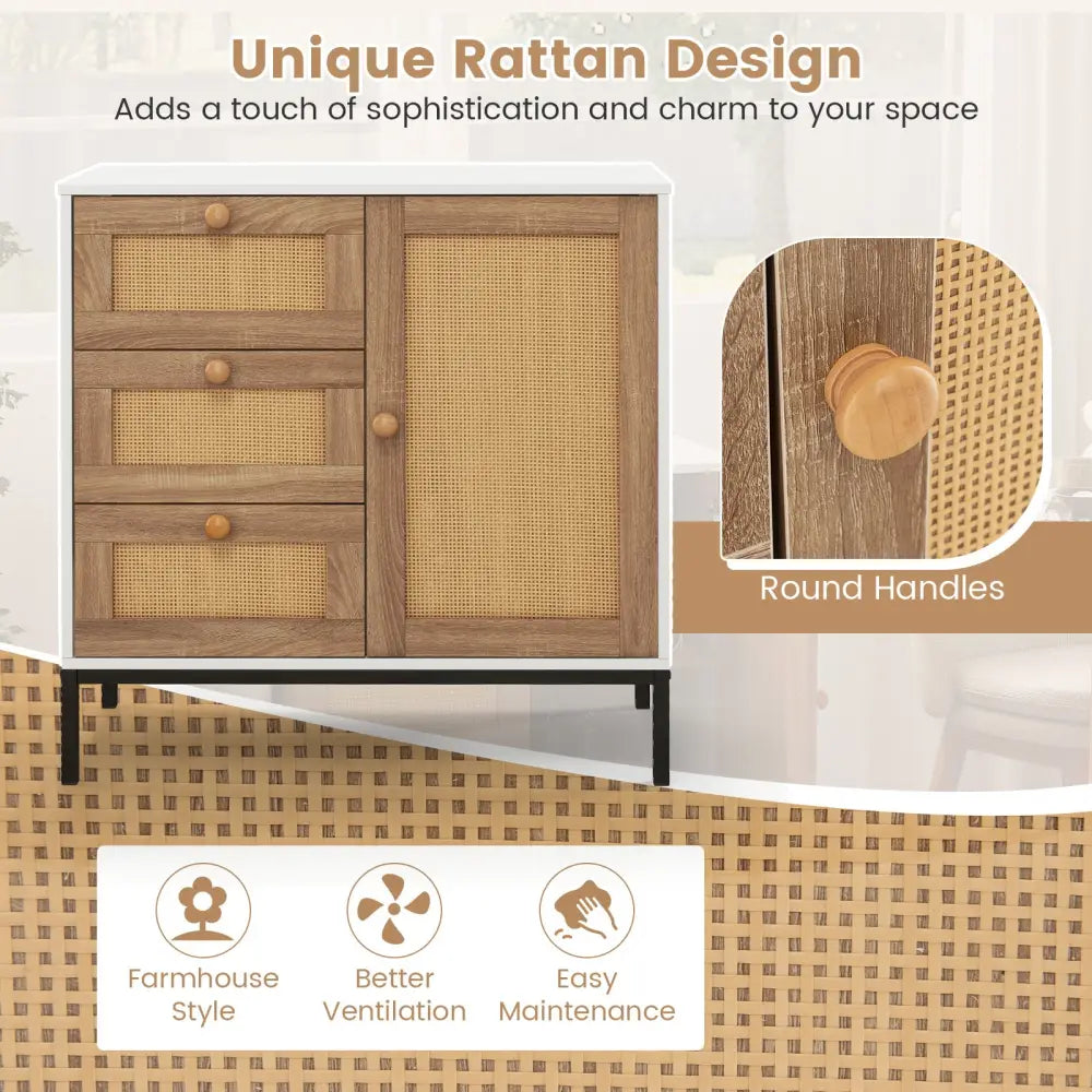 Rattan Sideboard Buffet Cabinet with 1 Door and 3 Drawers-White - White - Sideboards Cabinets & Buffets