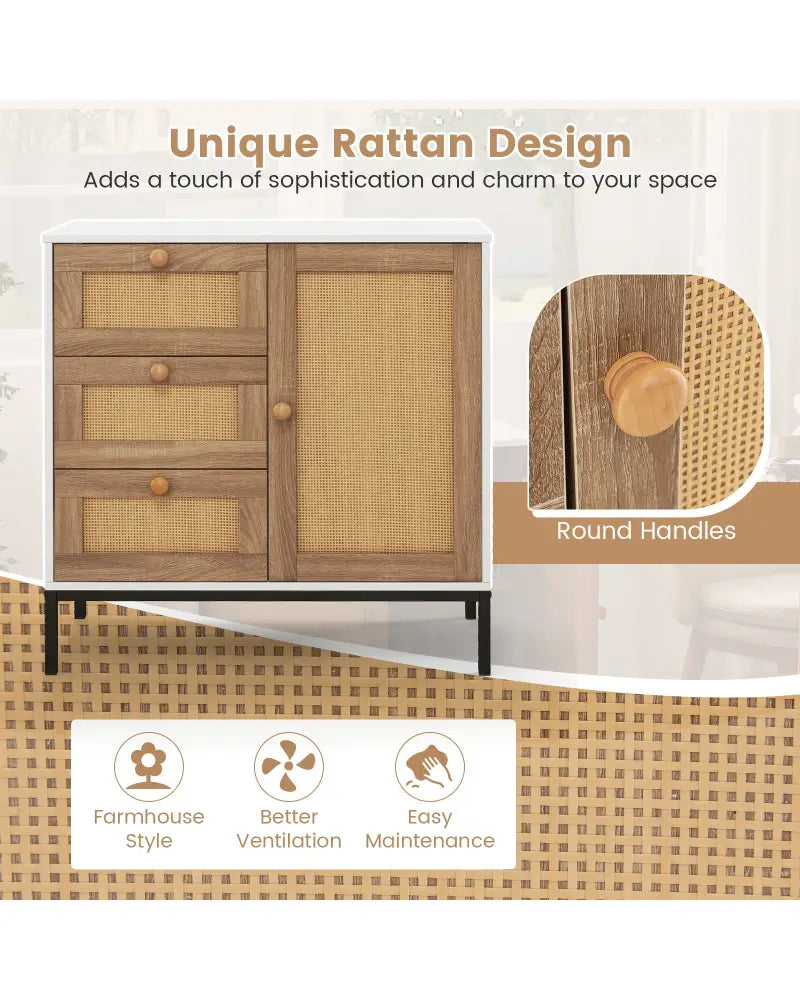 Rattan Sideboard Buffet Cabinet with 1 Door and 3 Drawers-White - White - Sideboards Cabinets & Buffets