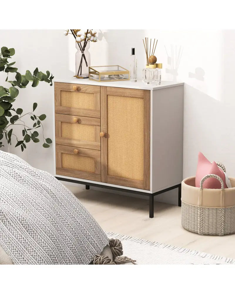 Rattan Sideboard Buffet Cabinet with 1 Door and 3 Drawers-White - White - Sideboards Cabinets & Buffets