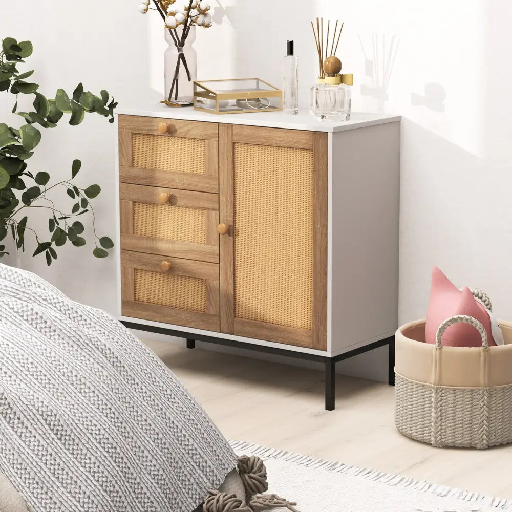 Rattan Sideboard Buffet Cabinet with 1 Door and 3 Drawers-White - White - Sideboards Cabinets & Buffets