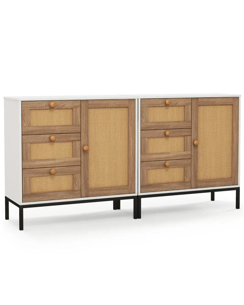 Rattan Sideboard Buffet Cabinet with 1 Door and 3 Drawers-White - White - Sideboards Cabinets & Buffets
