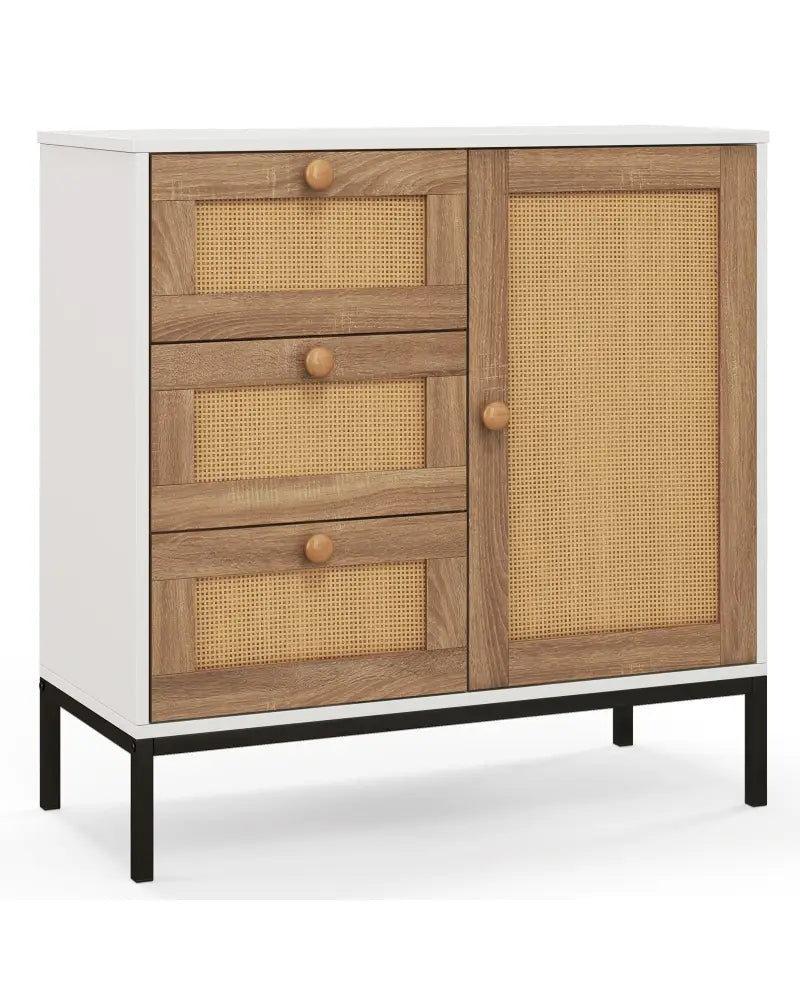 Rattan Sideboard Buffet Cabinet with 1 Door and 3 Drawers-White - White - Sideboards Cabinets & Buffets