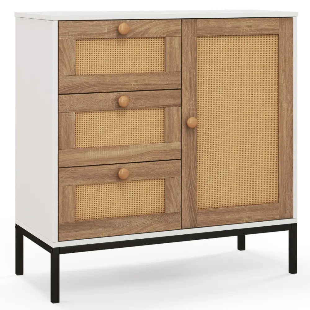 Rattan Sideboard Buffet Cabinet with 1 Door and 3 Drawers-White - White - Sideboards Cabinets & Buffets