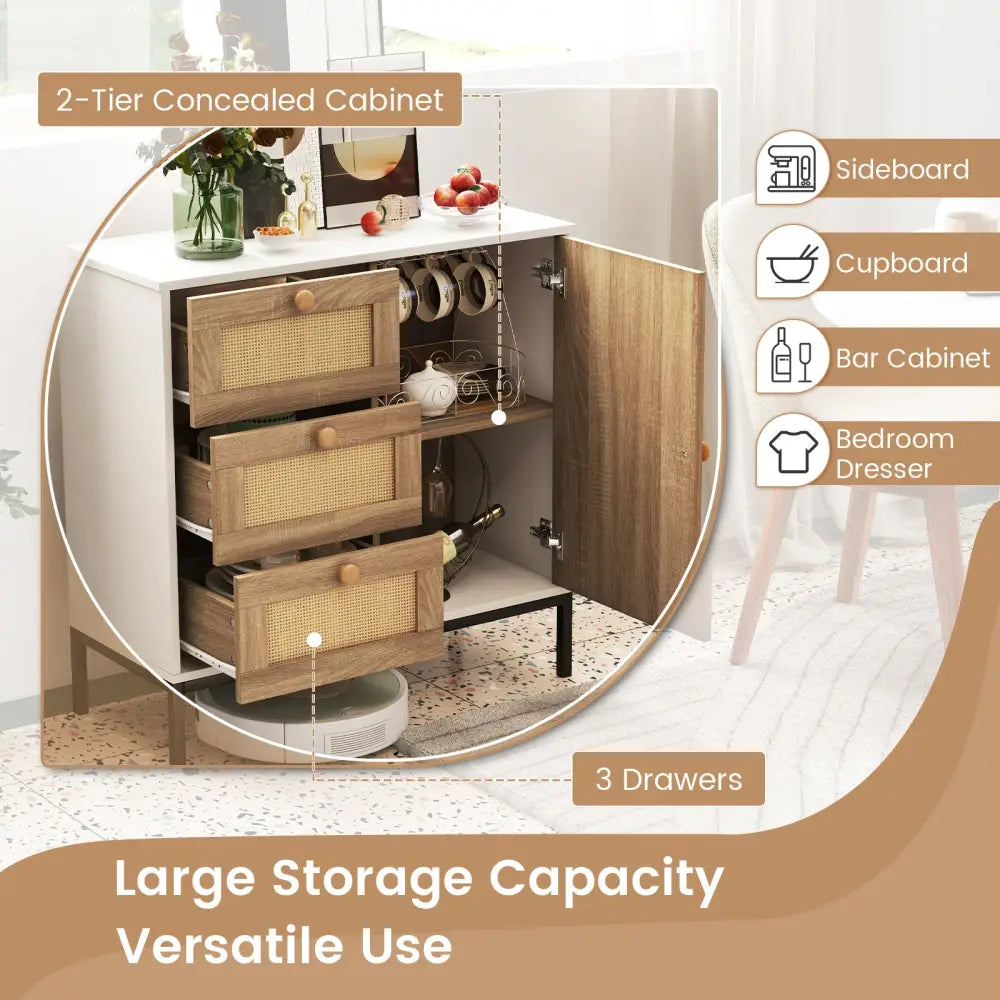 Rattan Sideboard Buffet Cabinet with 1 Door and 3 Drawers-White - White - Sideboards Cabinets & Buffets
