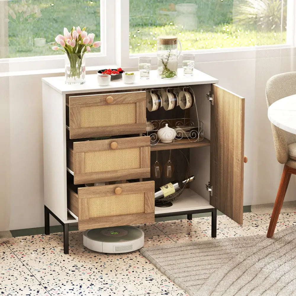 Rattan Sideboard Buffet Cabinet with 1 Door and 3 Drawers-White - White - Sideboards Cabinets & Buffets