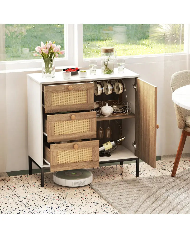 Rattan Sideboard Buffet Cabinet with 1 Door and 3 Drawers-White - White - Sideboards Cabinets & Buffets