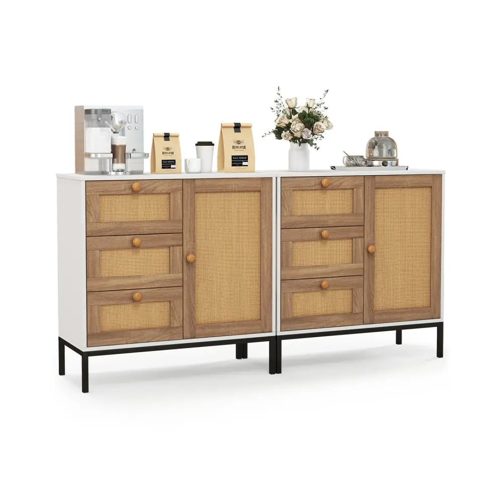 Rattan Sideboard Buffet Cabinet with 1 Door and 3 Drawers-White - White - Sideboards Cabinets & Buffets