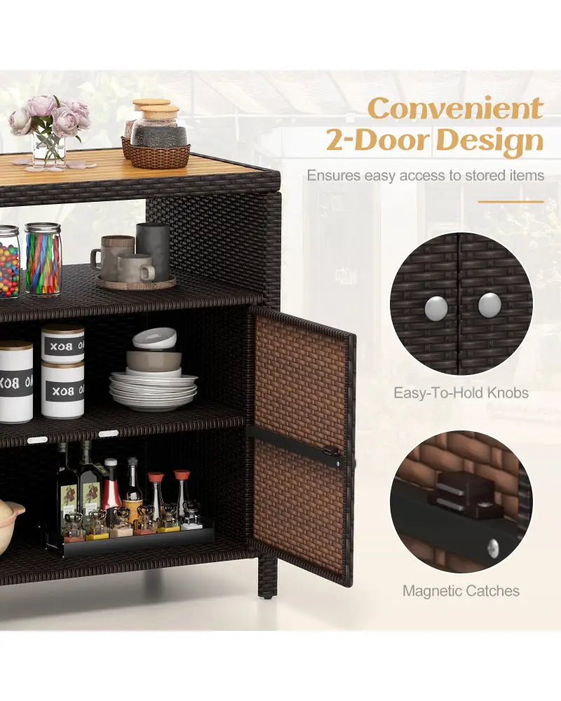 Rattan Storage Cabinet with Acacia Wood Countertop for Poolside Deck and Patio-Brown - Brown - Sideboards Cabinets &