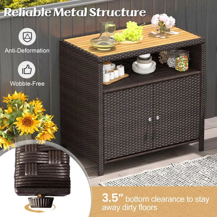 Rattan Storage Cabinet with Acacia Wood Countertop for Poolside Deck and Patio-Brown - Brown - Sideboards Cabinets &