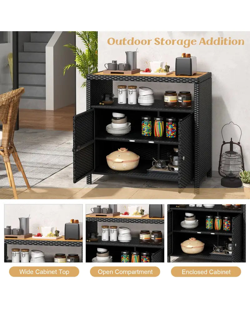 Rattan Storage Cabinet with Acacia Wood Countertop for Poolside Deck and Patio-Black - Black - Sideboards Cabinets &