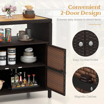 Rattan Storage Cabinet with Acacia Wood Countertop for Poolside Deck and Patio-Brown - Brown - Sideboards Cabinets &