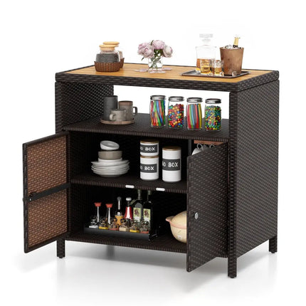 Rattan Storage Cabinet with Acacia Wood Countertop for Poolside Deck and Patio-Brown - Brown - Sideboards Cabinets &