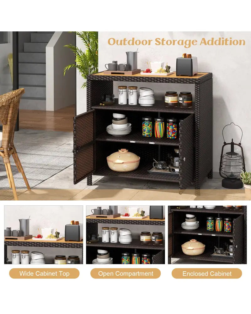Rattan Storage Cabinet with Acacia Wood Countertop for Poolside Deck and Patio-Brown - Brown - Sideboards Cabinets &