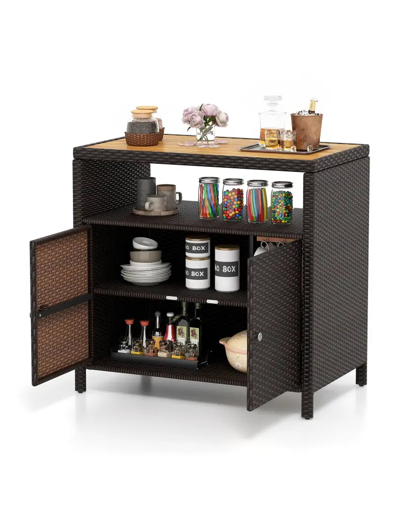 Rattan Storage Cabinet with Acacia Wood Countertop for Poolside Deck and Patio-Brown - Brown - Sideboards Cabinets &