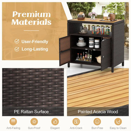 Rattan Storage Cabinet with Acacia Wood Countertop for Poolside Deck and Patio-Brown - Brown - Sideboards Cabinets &