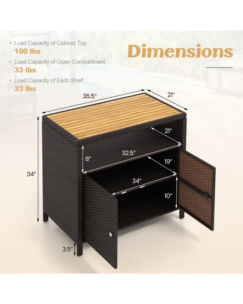 Rattan Storage Cabinet with Acacia Wood Countertop for Poolside Deck and Patio-Brown - Brown - Sideboards Cabinets &