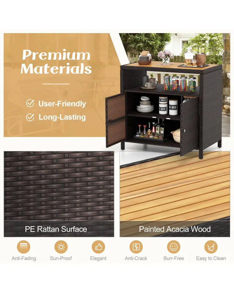 Rattan Storage Cabinet with Acacia Wood Countertop for Poolside Deck and Patio-Brown - Brown - Sideboards Cabinets &