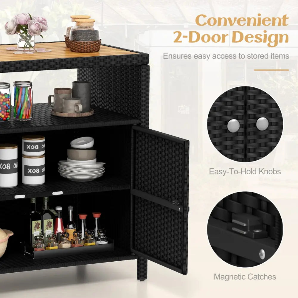 Rattan Storage Cabinet with Acacia Wood Countertop for Poolside Deck and Patio-Black - Black - Sideboards Cabinets &