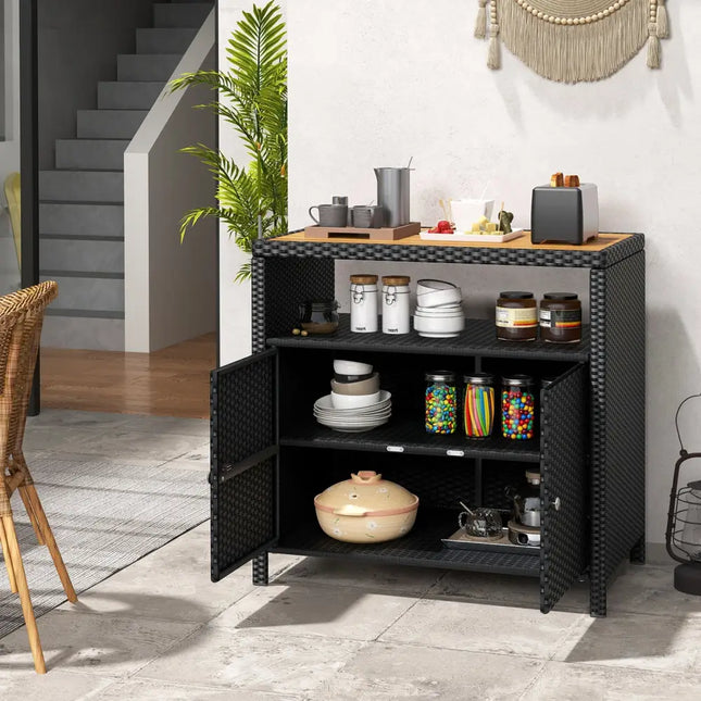 Rattan Storage Cabinet with Acacia Wood Countertop for Poolside Deck and Patio-Black - Black - Sideboards Cabinets &
