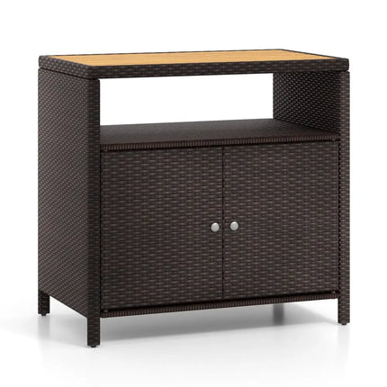 Rattan Storage Cabinet with Acacia Wood Countertop for Poolside Deck and Patio-Brown - Brown - Sideboards Cabinets &
