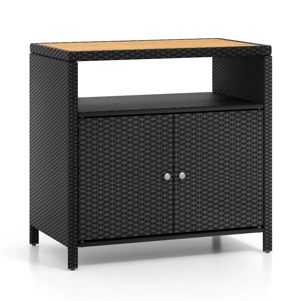 Rattan Storage Cabinet with Acacia Wood Countertop for Poolside Deck and Patio-Black - Black - Sideboards Cabinets &