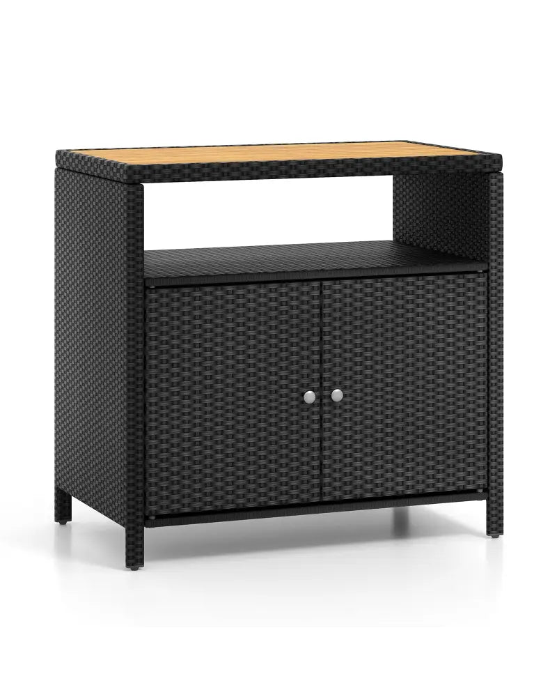 Rattan Storage Cabinet with Acacia Wood Countertop for Poolside Deck and Patio-Black - Black - Sideboards Cabinets &