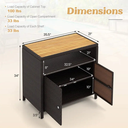 Rattan Storage Cabinet with Acacia Wood Countertop for Poolside Deck and Patio-Brown - Brown - Sideboards Cabinets &