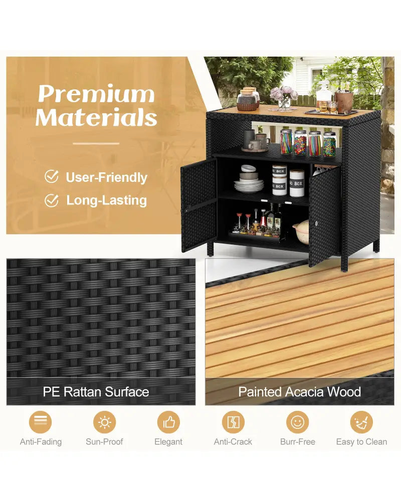 Rattan Storage Cabinet with Acacia Wood Countertop for Poolside Deck and Patio-Black - Black - Sideboards Cabinets &