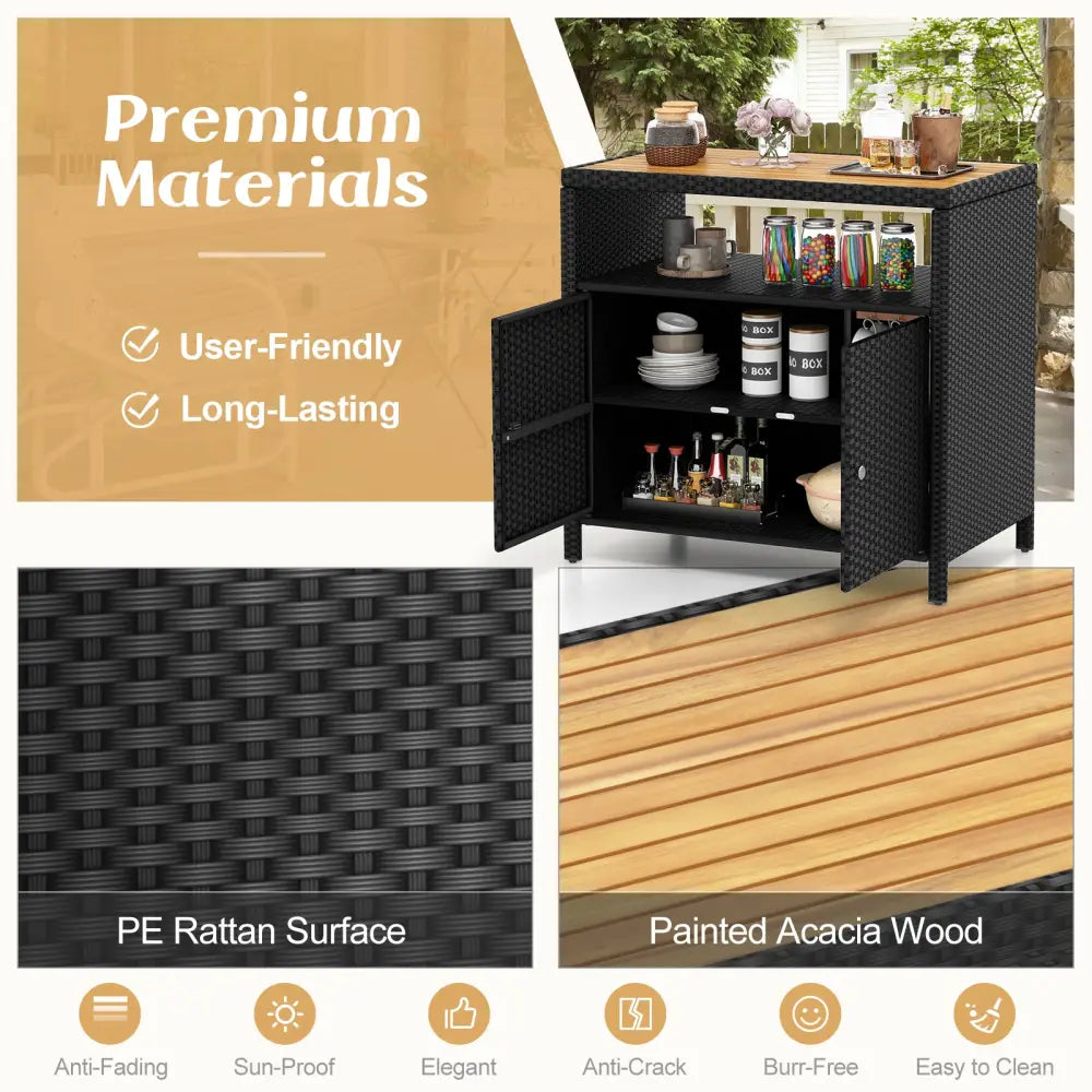 Rattan Storage Cabinet with Acacia Wood Countertop for Poolside Deck and Patio-Black - Black - Sideboards Cabinets &