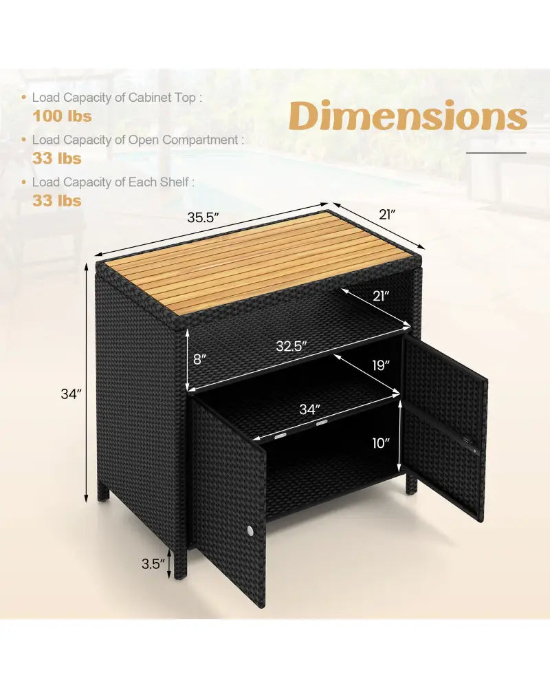 Rattan Storage Cabinet with Acacia Wood Countertop for Poolside Deck and Patio-Black - Black - Sideboards Cabinets &