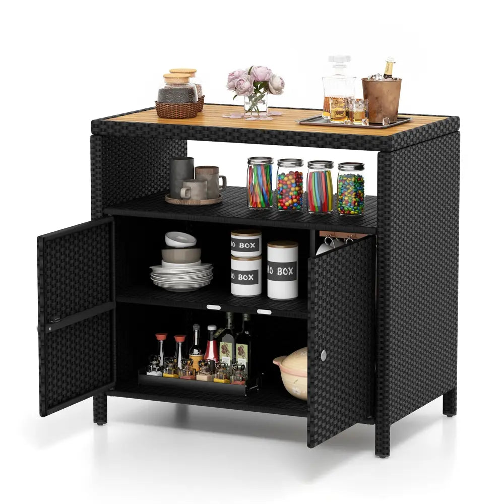 Rattan Storage Cabinet with Acacia Wood Countertop for Poolside Deck and Patio-Black - Black - Sideboards Cabinets &