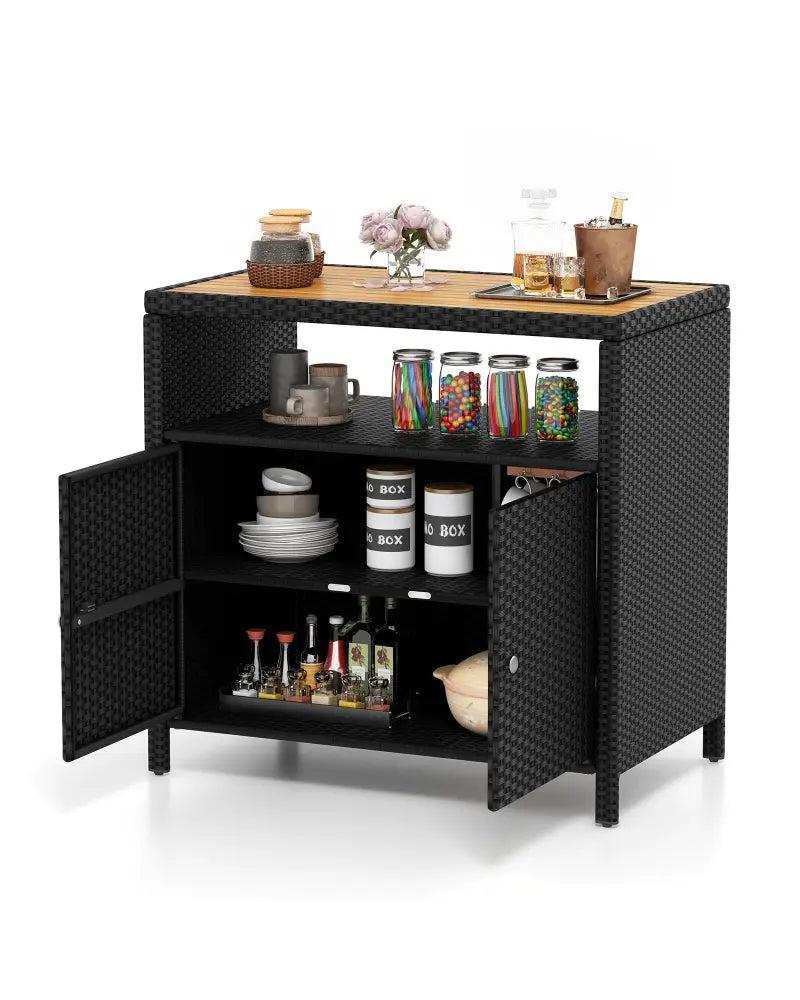 Rattan Storage Cabinet with Acacia Wood Countertop for Poolside Deck and Patio-Black - Black - Sideboards Cabinets &