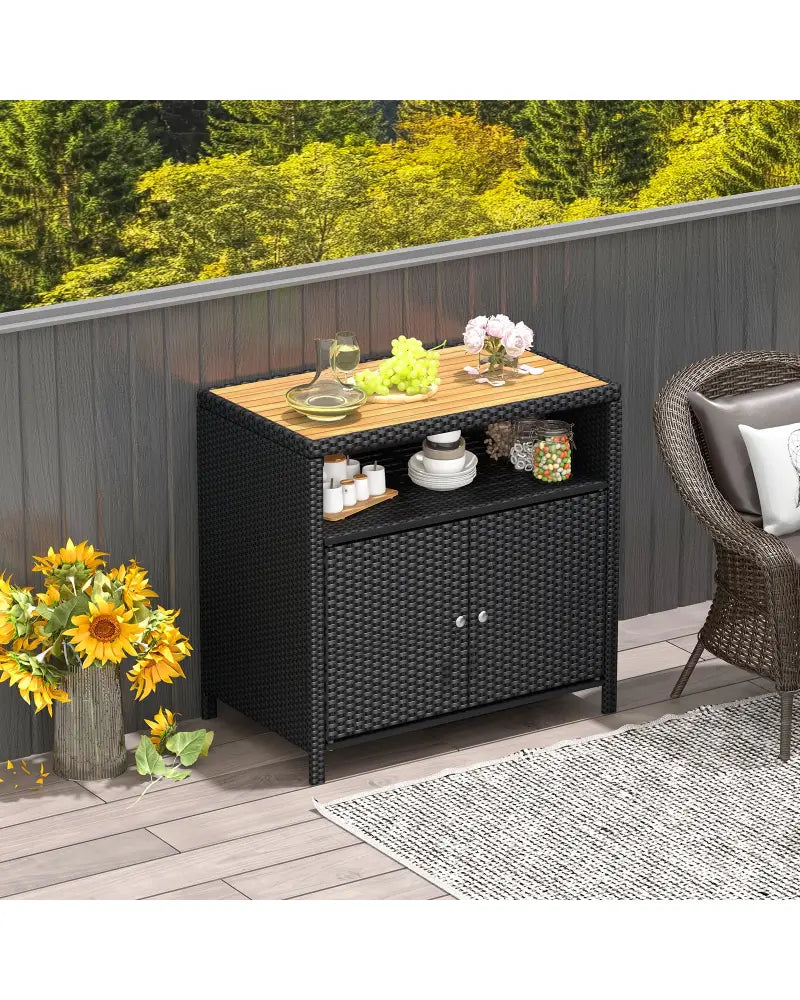 Rattan Storage Cabinet with Acacia Wood Countertop for Poolside Deck and Patio-Black - Black - Sideboards Cabinets &