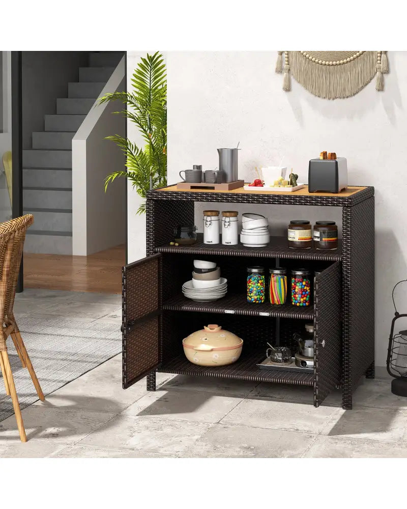 Rattan Storage Cabinet with Acacia Wood Countertop for Poolside Deck and Patio-Brown - Brown - Sideboards Cabinets &