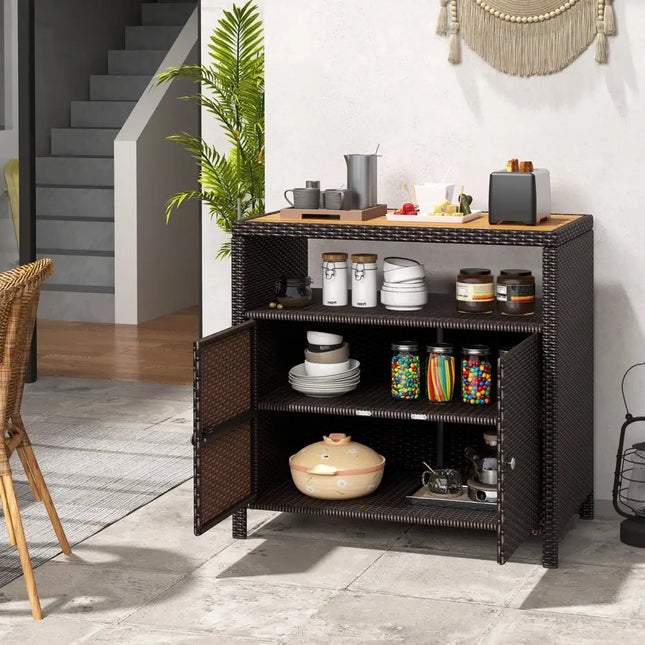Rattan Storage Cabinet with Acacia Wood Countertop for Poolside Deck and Patio-Brown - Brown - Sideboards Cabinets &