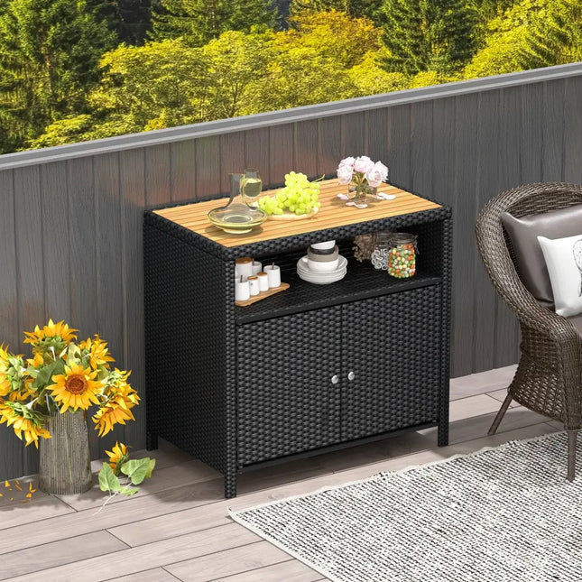 Rattan Storage Cabinet with Acacia Wood Countertop for Poolside Deck and Patio-Black - Black - Sideboards Cabinets &