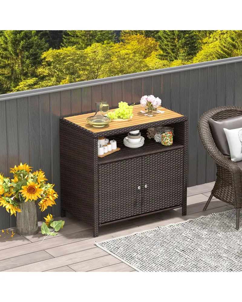 Rattan Storage Cabinet with Acacia Wood Countertop for Poolside Deck and Patio-Brown - Brown - Sideboards Cabinets &