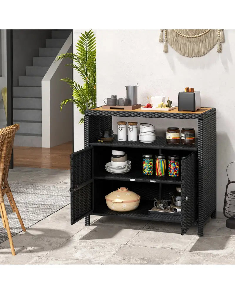 Rattan Storage Cabinet with Acacia Wood Countertop for Poolside Deck and Patio-Black - Black - Sideboards Cabinets &