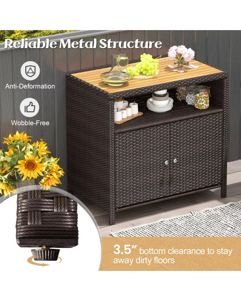 Rattan Storage Cabinet with Acacia Wood Countertop for Poolside Deck and Patio-Brown - Brown - Sideboards Cabinets &