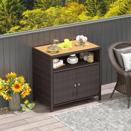Rattan Storage Cabinet with Acacia Wood Countertop for Poolside Deck and Patio-Brown - Brown - Sideboards Cabinets &