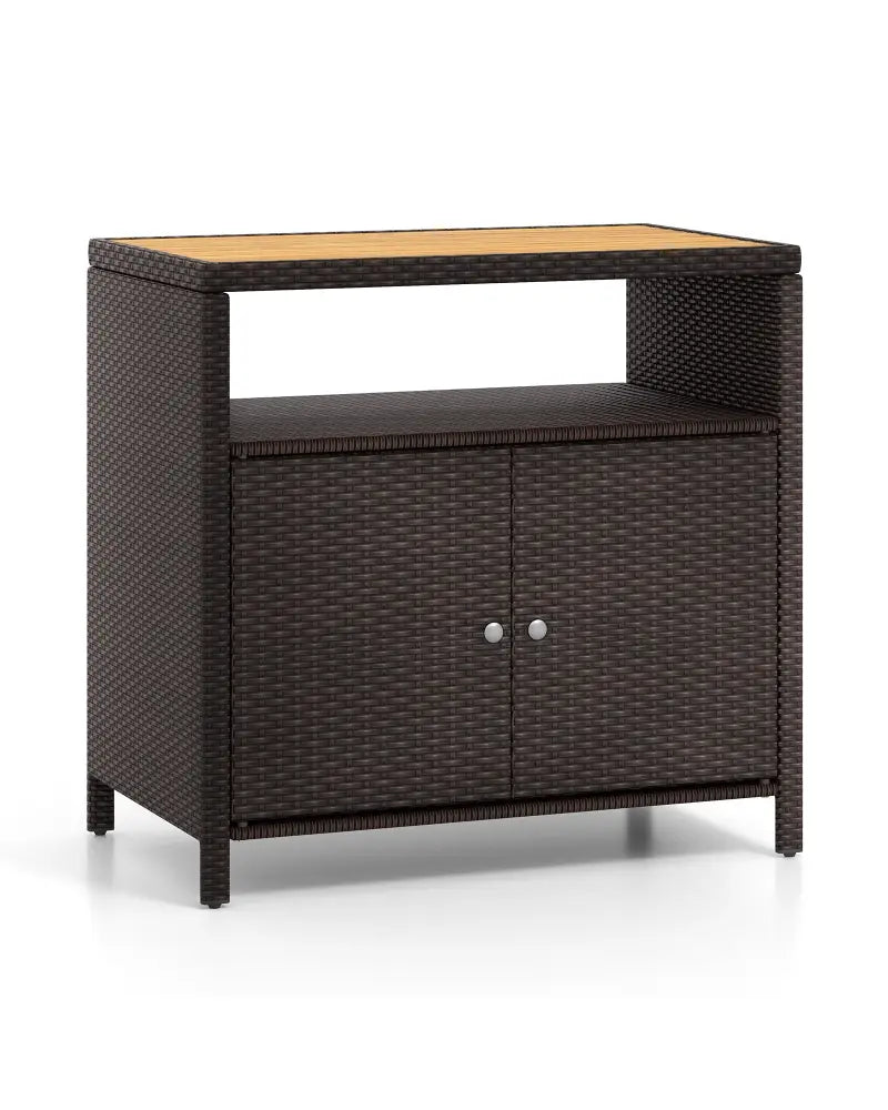 Rattan Storage Cabinet with Acacia Wood Countertop for Poolside Deck and Patio-Brown - Brown - Sideboards Cabinets &