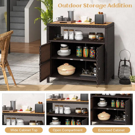 Rattan Storage Cabinet with Acacia Wood Countertop for Poolside Deck and Patio-Brown - Brown - Sideboards Cabinets &