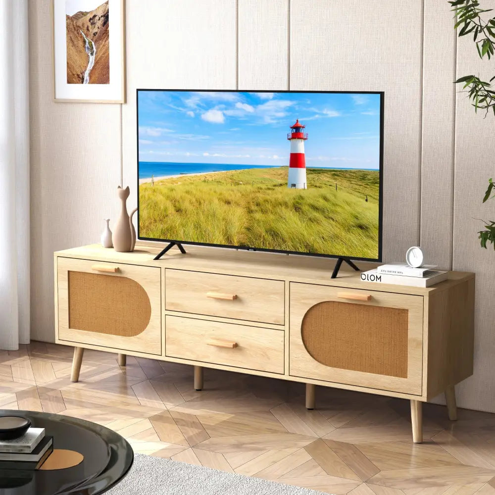 Rattan TV Stand for 65-Inch TV with Drawers and Solid Wood Legs-Natural - Natural - Entertainment Centers & TV Stands