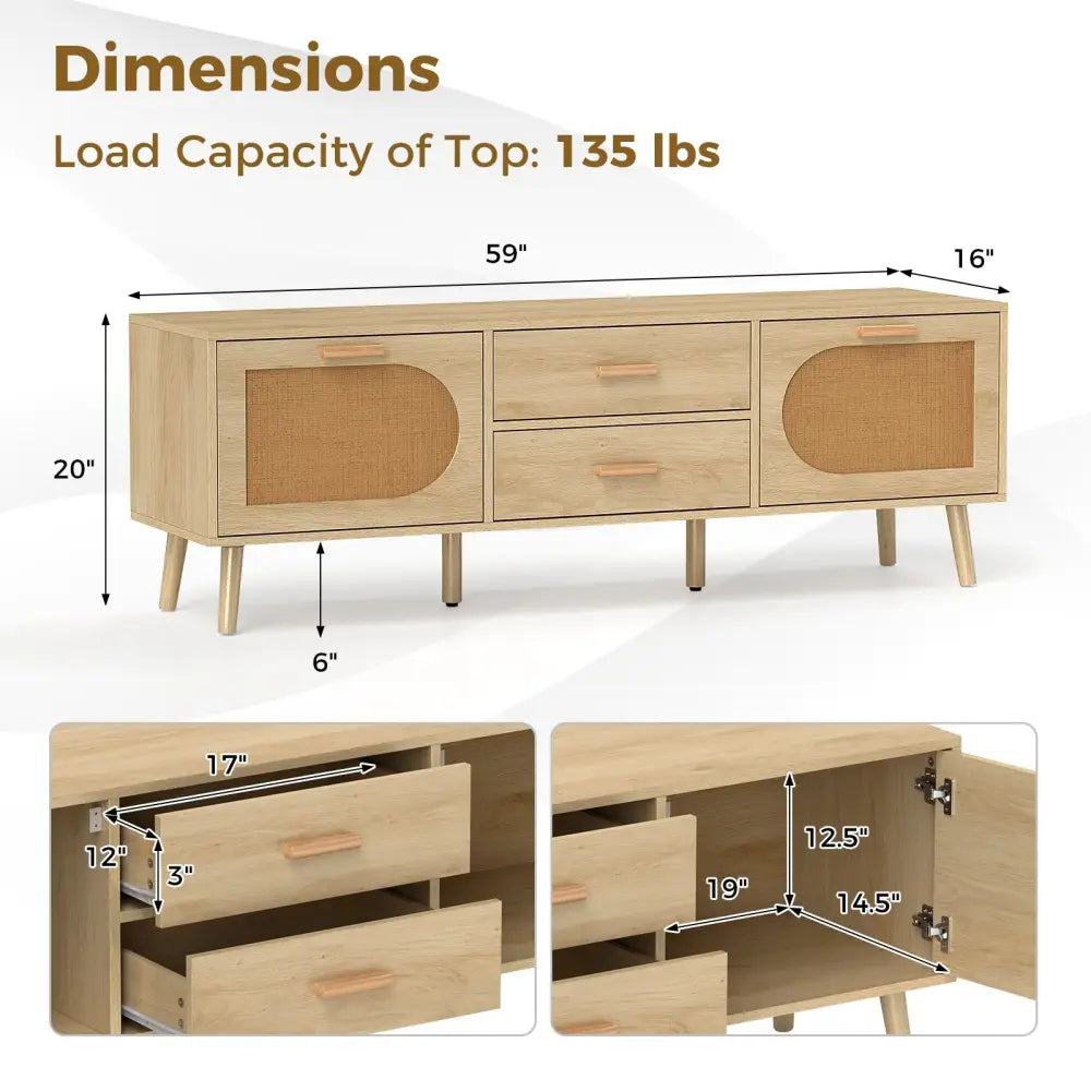 Rattan TV Stand for 65-Inch TV with Drawers and Solid Wood Legs-Natural - Natural - Entertainment Centers & TV Stands
