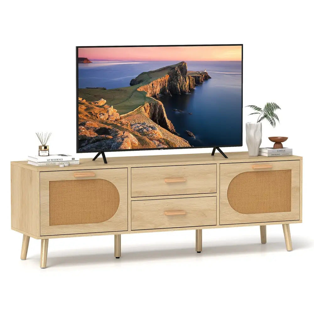 Rattan TV Stand for 65-Inch TV with Drawers and Solid Wood Legs-Natural - Natural - Entertainment Centers & TV Stands